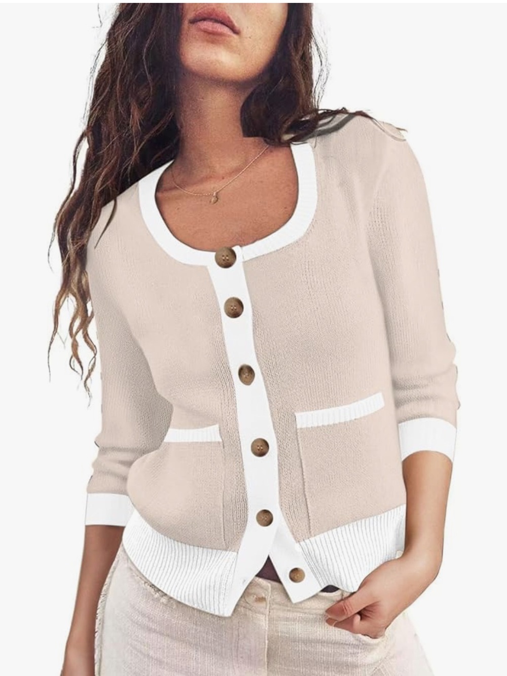 Crewneck Button-Front Lightweight Women's Sweater Cardigan - Apricot/White